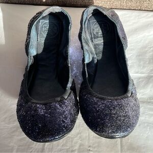 Tory Burch‎ Blue Sparkle Ballet Flats Womens Size 7.5 Leather Sole Slip On Logo